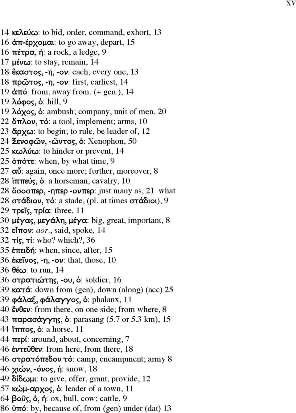 ), 14 19 λόφος, ὁ: hill, 9 19 λόχος, ὁ: ambush; company, unit of men, 20 22 ὅπλον, τό: a tool, implement; arms, 10 23 ἄρχω: to begin; to rule, be leader of, 12 24 Ξενοφῶν, -ῶντος, ὁ: Xenophon, 50 25