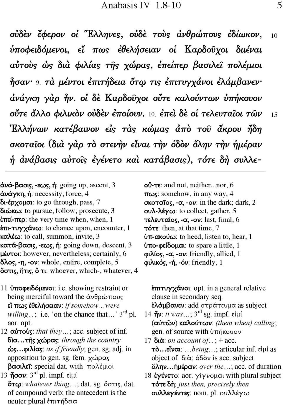 ἐπεὶ δὲ οἱ τελευταῖοι τῶν Ἑλλήνων κατέβαινον εἰς τὰς κώμας ἀπὸ τοῦ ἄκρου ἤδη σκοταῖοι (διὰ γὰρ τὸ στενὴν εἶναι τὴν ὁδὸν ὅλην τὴν ἡμέραν ἡ ἀνάβασις αὐτοῖς ἐγένετο καὶ κατάβασις), τότε δὴ συλλε- 10 15