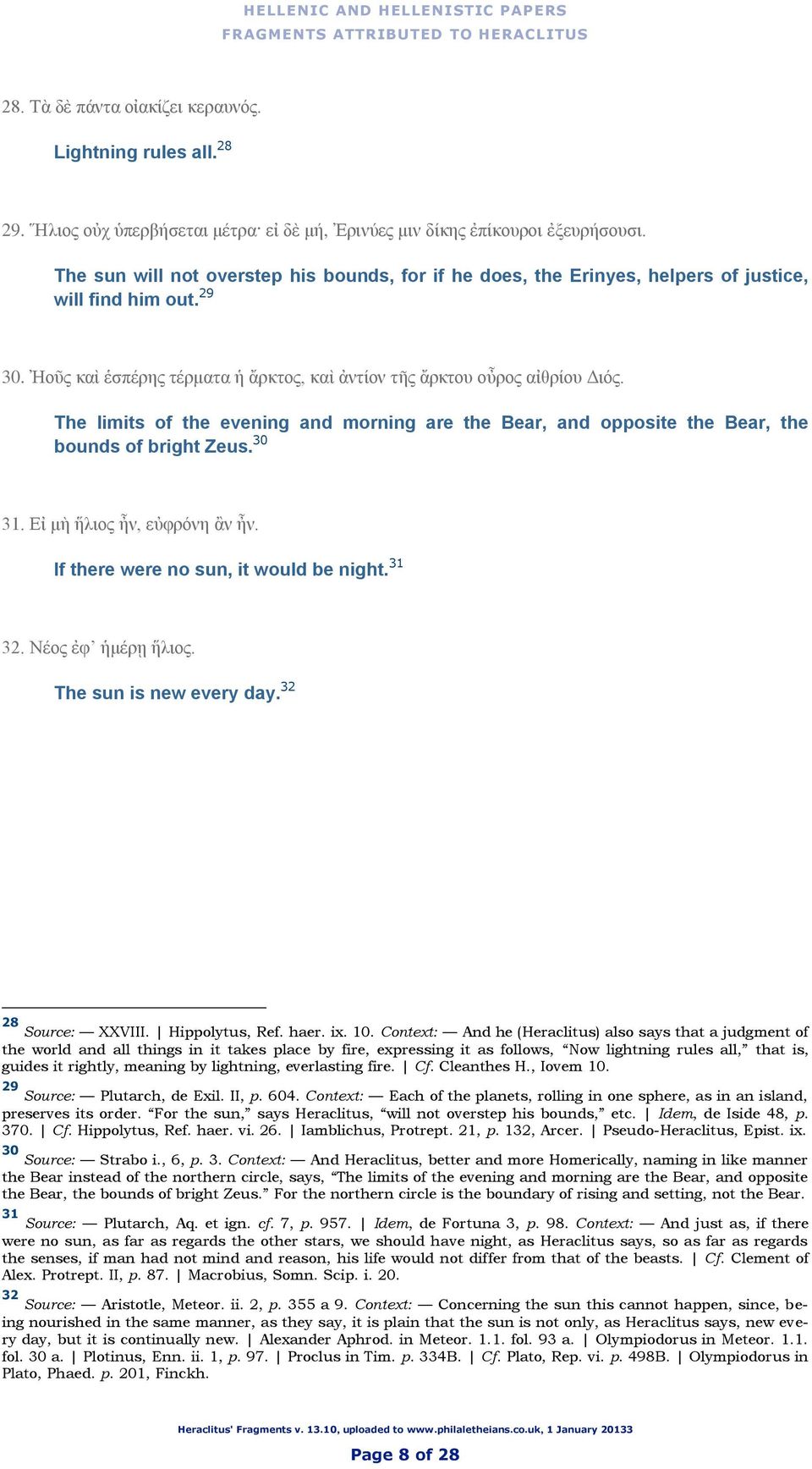 The limits of the evening and morning are the Bear, and opposite the Bear, the bounds of bright Zeus. 30 31. Εἰ μὴ ἥλιος ἦν, εὐφρόνη ἂν ἦν. If there were no sun, it would be night. 31 32.