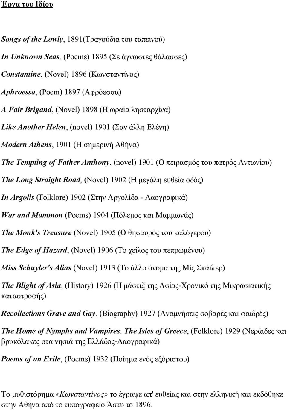 πατρός Αντωνίου) The Long Straight Road, (Novel) 1902 (Η µεγάλη ευθεία οδός) In Argolis (Folklore) 1902 (Στην Αργολίδα - Λαογραφικά) War and Mammon (Poems) 1904 (Πόλεµος και Μαµµωνάς) The Monk's