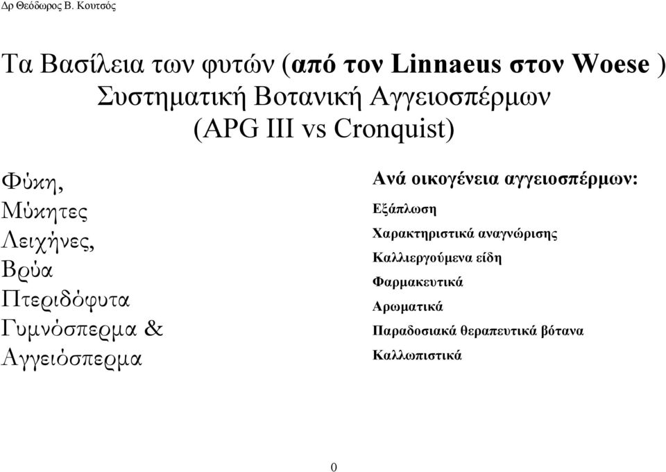 Γυμνόσπερμα & Αγγειόσπερμα Ανά οικογένεια αγγειοσπέρμων: Εξάπλωση Χαρακτηριστικά