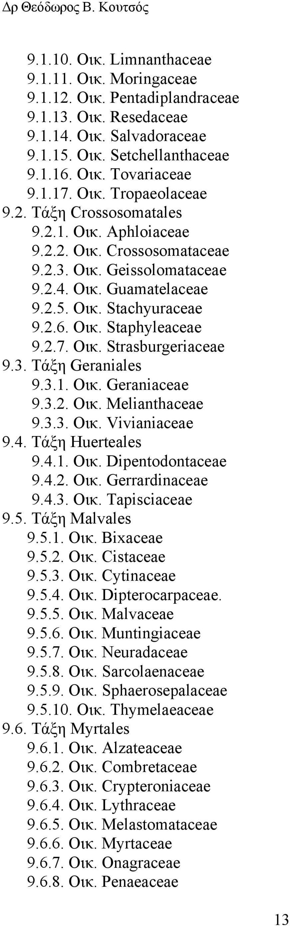 2.7. Οικ. Strasburgeriaceae 9.3. Τάξη Geraniales 9.3.1. Οικ. Geraniaceae 9.3.2. Οικ. Melianthaceae 9.3.3. Οικ. Vivianiaceae 9.4. Τάξη Huerteales 9.4.1. Οικ. Dipentodontaceae 9.4.2. Οικ. Gerrardinaceae 9.