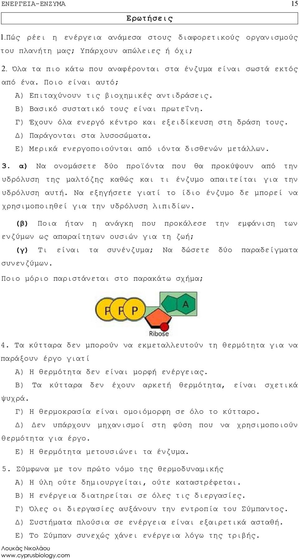 Γ) Έχουν όλα ενεργό κέντρο και εξειδίκευση στη δράση τους. Δ) Παράγονται στα λυσοσώματα. Ε) Μερικά ενεργοποιούνται από ιόντα δισθενών μετάλλων. 3.