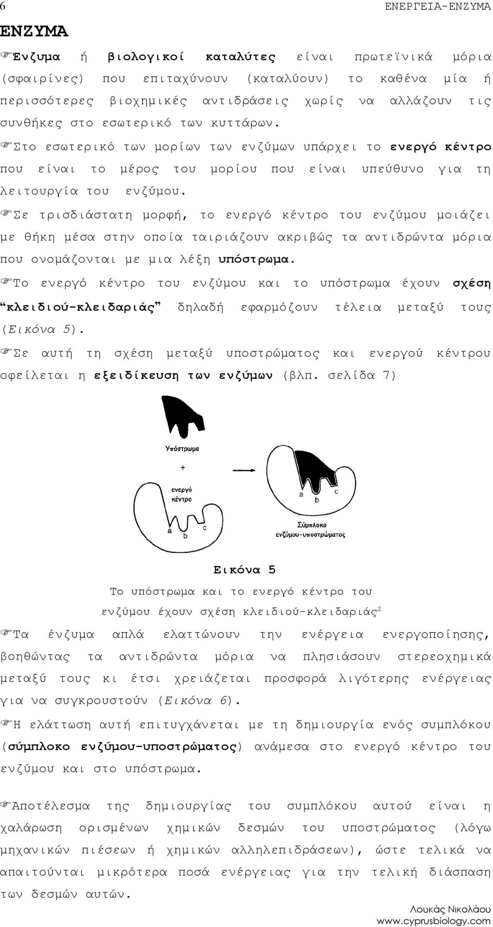 Σε τρισδιάστατη μορφή, το ενεργό κέντρο του ενζύμου μοιάζει με θήκη μέσα στην οποία ταιριάζουν ακριβώς τα αντιδρώντα μόρια που ονομάζονται με μια λέξη υπόστρωμα.