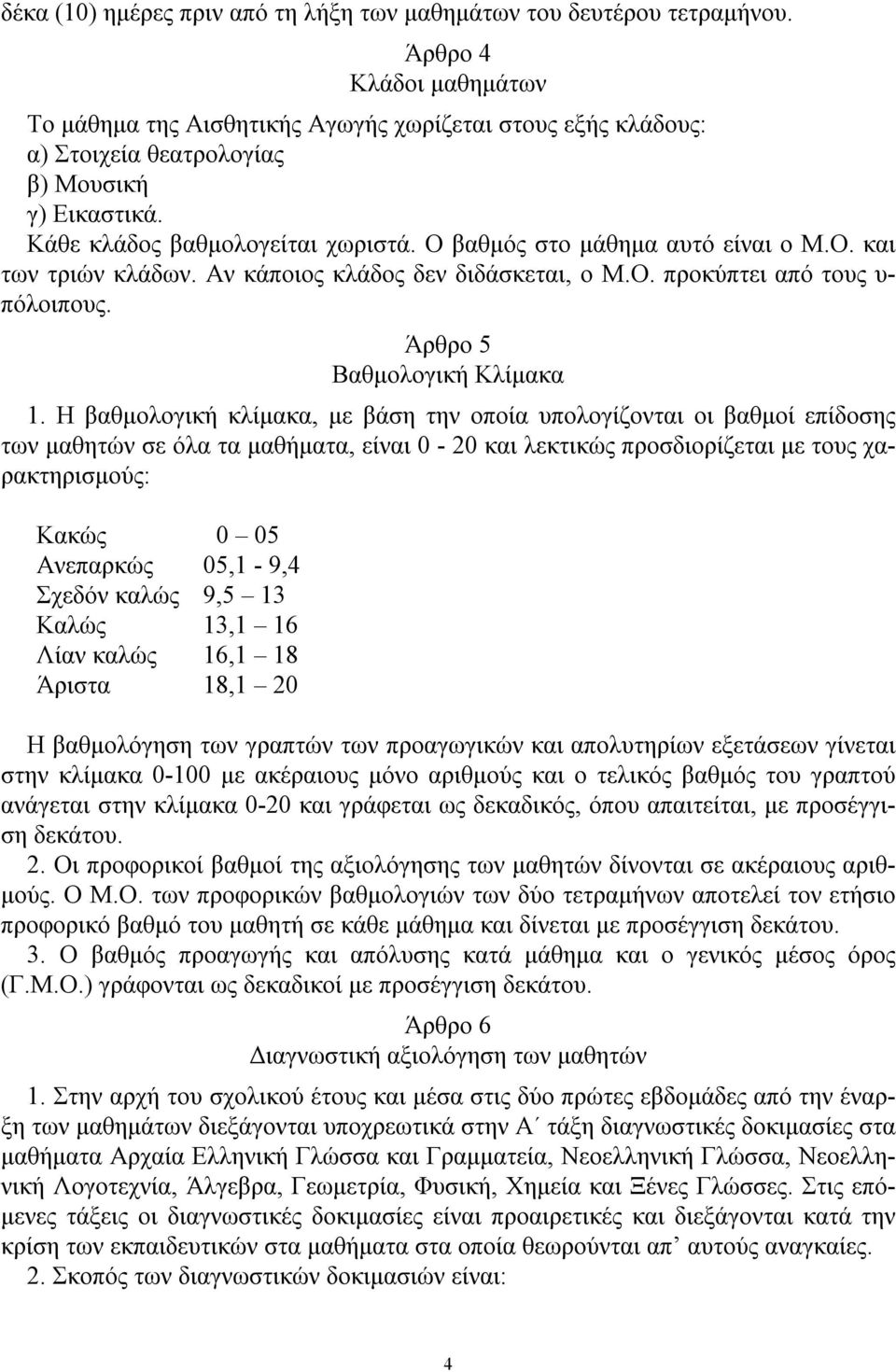 Ο βαθμός στο μάθημα αυτό είναι ο Μ.Ο. και των τριών κλάδων. Αν κάποιος κλάδος δεν διδάσκεται, ο Μ.Ο. προκύπτει από τους υ πόλοιπους. Άρθρο 5 Βαθμολογική Κλίμακα 1.