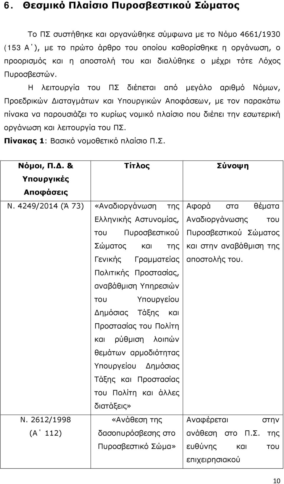 Η λειτουργία του ΠΣ διέπεται από μεγάλο αριθμό Νόμων, Προεδρικών Διαταγμάτων και Υπουργικών Αποφάσεων, με τον παρακάτω πίνακα να παρουσιάζει το κυρίως νομικό πλαίσιο που διέπει την εσωτερική οργάνωση