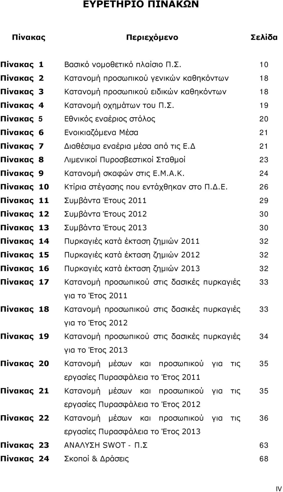 Δ 21 Πίνακας 8 Λιμενικοί Πυροσβεστικοί Σταθμοί 23 Πίνακας 9 Κατανομή σκαφών στις Ε.