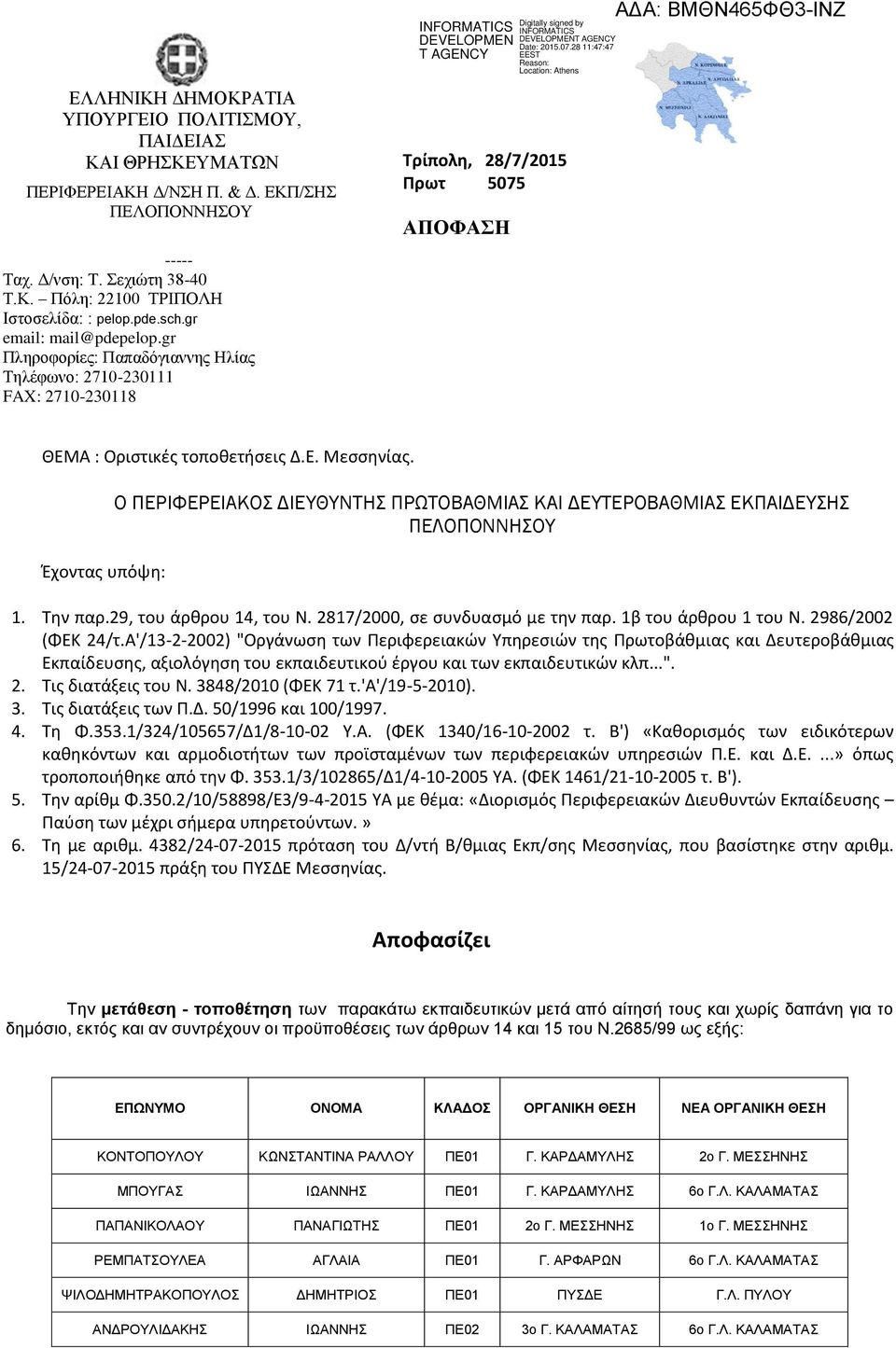 Έχοντας υπόψη: Ο ΠΕΡΙΦΕΡΕΙΑΚΟΣ ΔΙΕΥΘΥΝΤΗΣ ΠΡΩΤΟΒΑΘΜΙΑΣ ΚΑΙ ΔΕΥΤΕΡΟΒΑΘΜΙΑΣ ΕΚΠΑΙΔΕΥΣΗΣ ΠΕΛΟΠΟΝΝΗΣΟΥ 1. Την παρ.29, του άρθρου 14, του Ν. 2817/2000, σε συνδυασμό με την παρ. 1β του άρθρου 1 του Ν.