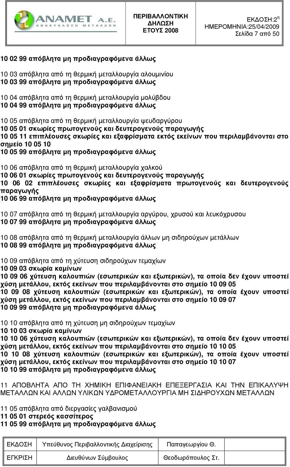 εξαφρίσµατα εκτός εκείνων που περιλαµβάνονται στο σηµείο 10 05 10 10 05 99 απόβλητα µη προδιαγραφόµενα άλλως 10 06 απόβλητα από τη θερµική µεταλλουργία χαλκού 10 06 01 σκωρίες πρωτογενούς και