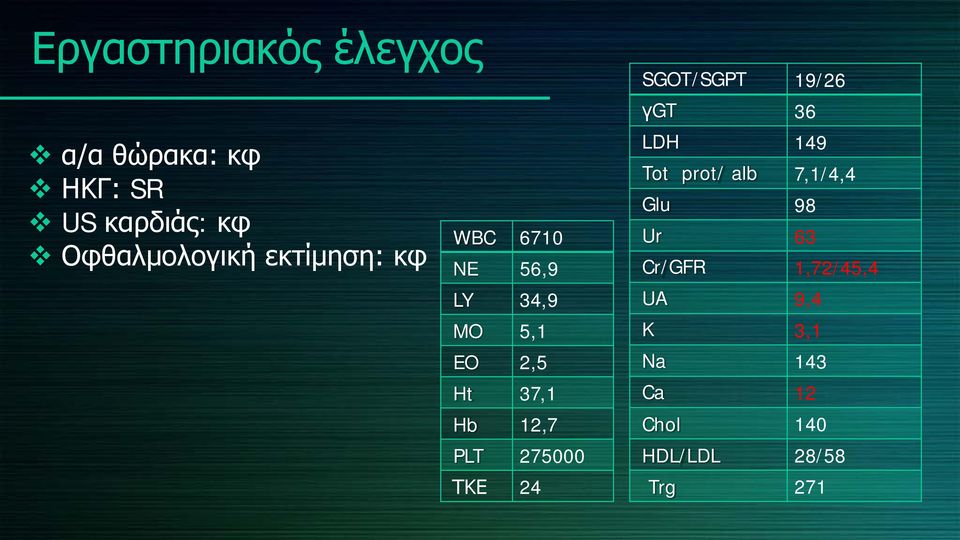 275000 ΤΚΕ 24 SGOT/SGPT 19/26 γgt 36 LDH 149 Tot prot/ alb 7,1/4,4 Glu 98