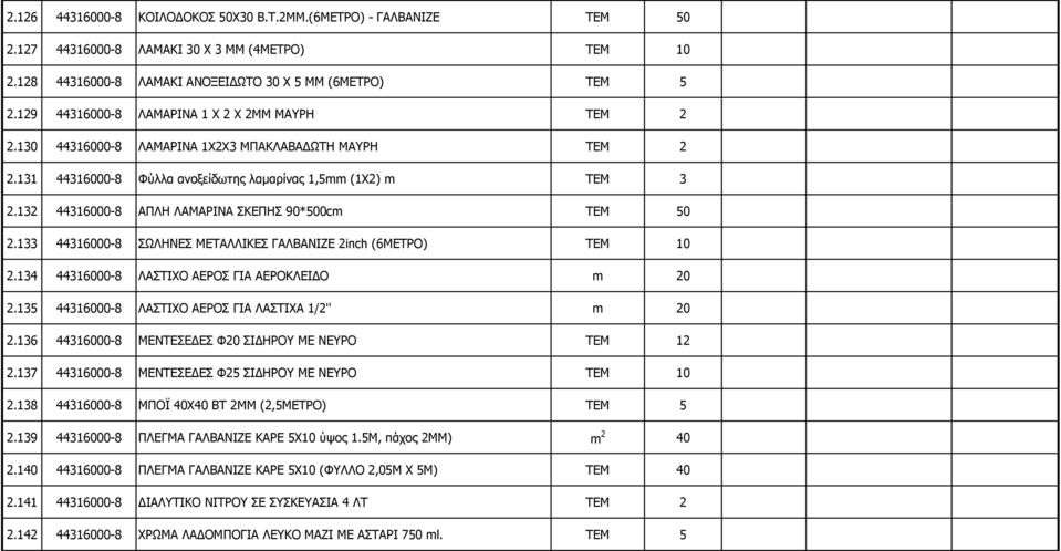 132 44316000-8 ΑΠΛΗ ΛΑΜΑΡΙΝΑ ΣΚΕΠΗΣ 90*500cm ΤΕΜ 50 2.133 44316000-8 ΣΩΛΗΝΕΣ ΜΕΤΑΛΛΙΚΕΣ ΓΑΛΒΑΝΙΖΕ 2inch (6ΜΕΤΡΟ) ΤΕΜ 10 2.134 44316000-8 ΛΑΣΤΙΧΟ ΑΕΡΟΣ ΓΙΑ ΑΕΡΟΚΛΕΙΔΟ m 20 2.