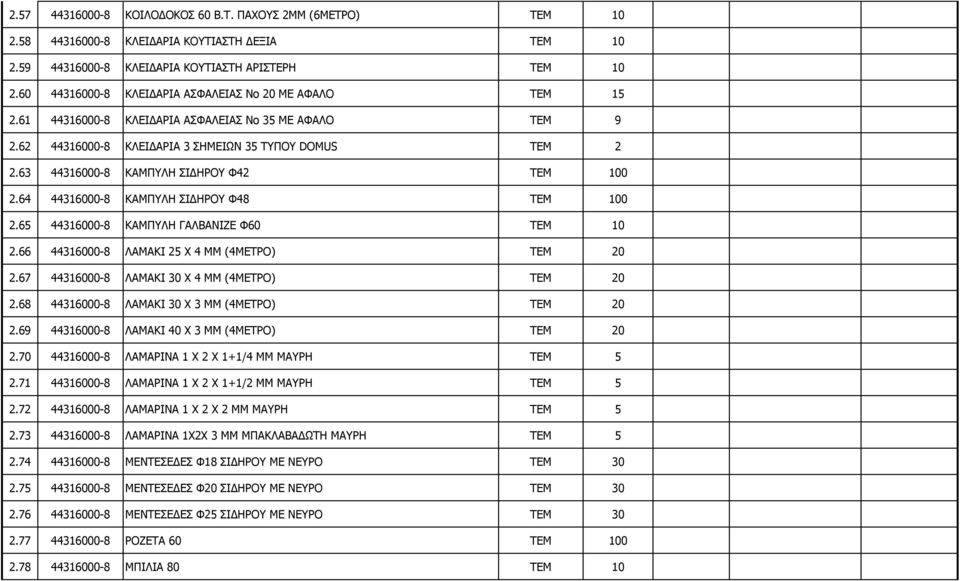 63 44316000-8 ΚΑΜΠΥΛΗ ΣΙΔΗΡΟΥ Φ42 ΤΕΜ 100 2.64 44316000-8 ΚΑΜΠΥΛΗ ΣΙΔΗΡΟΥ Φ48 ΤΕΜ 100 2.65 44316000-8 ΚΑΜΠΥΛΗ ΓΑΛΒΑΝΙΖΕ Φ60 ΤΕΜ 10 2.66 44316000-8 ΛΑΜΑΚΙ 25 Χ 4 ΜΜ (4ΜΕΤΡΟ) ΤΕΜ 20 2.