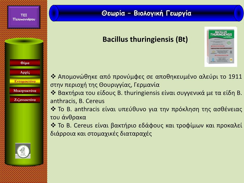 thuringiensis είναι συγγενικά με τα είδη Β. anthracis, B. Cereus Το B.