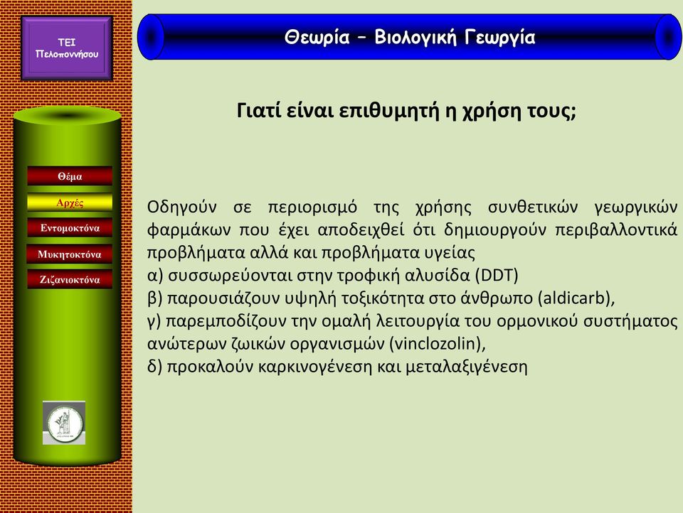 αλυσίδα (DDT) β) παρουσιάζουν υψηλή τοξικότητα στο άνθρωπο (aldicarb), γ) παρεμποδίζουν την ομαλή λειτουργία