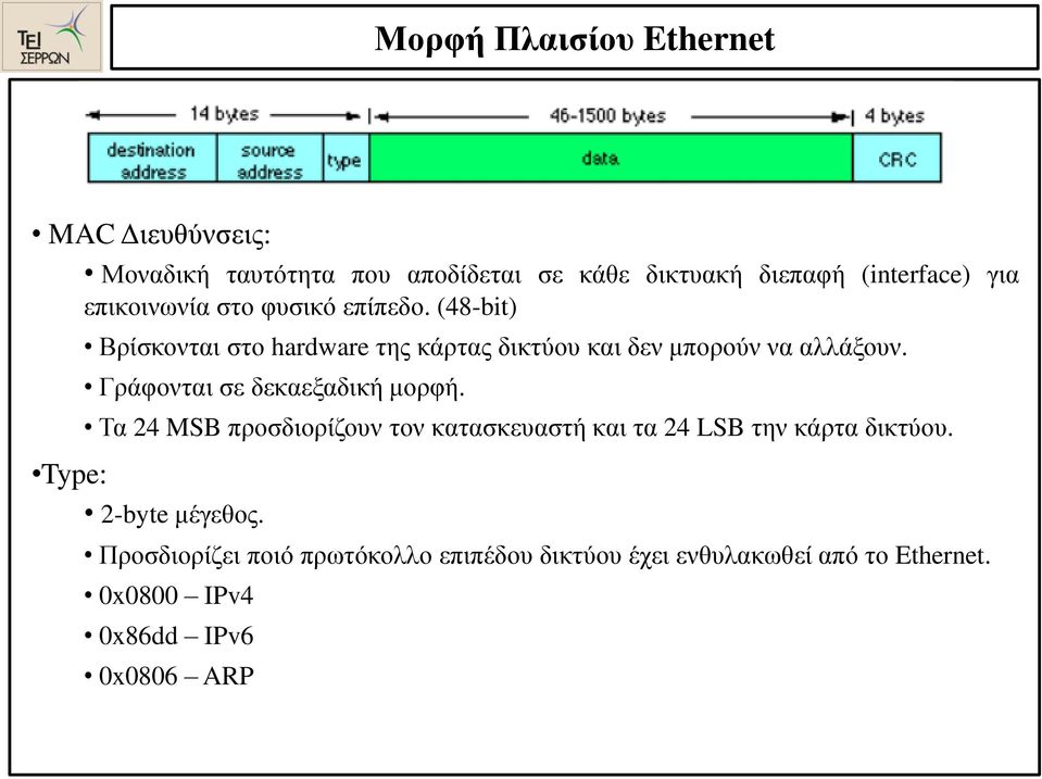 Γράφονται σε δεκαεξαδική μορφή. Τα 24 MSB προσδιορίζουν τον κατασκευαστή και τα 24 LSB την κάρτα δικτύου.