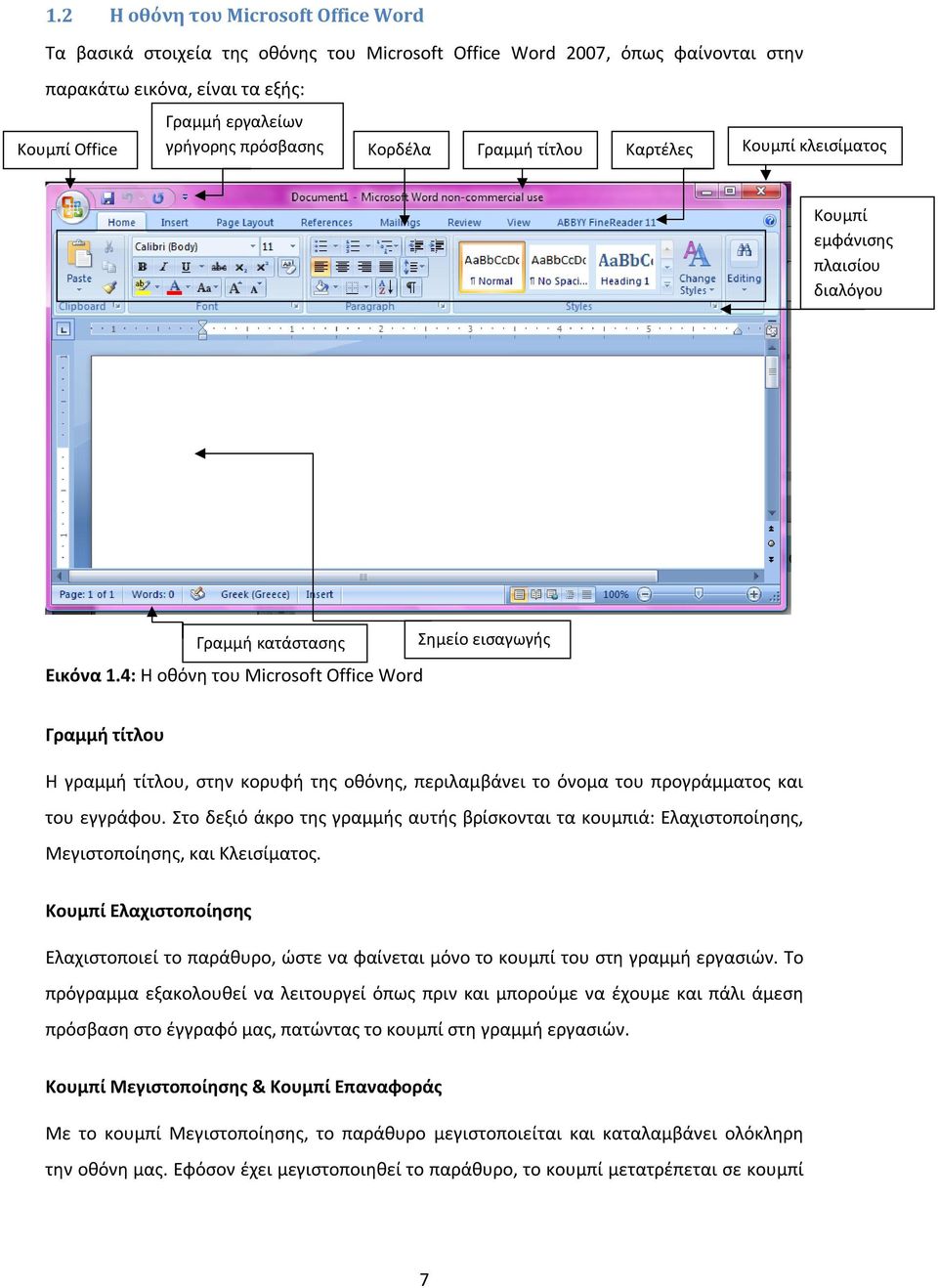 4: Η οθόνη του Microsoft Office Word Σημείο εισαγωγής Γραμμή τίτλου Η γραμμή τίτλου, στην κορυφή της οθόνης, περιλαμβάνει το όνομα του προγράμματος και του εγγράφου.