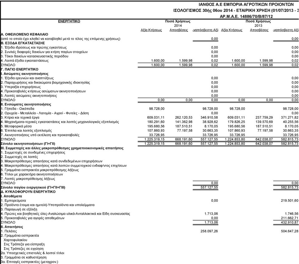 Συν/κές διαφορές δανείων για κτήση παγίων στοιχείων 0,00 0,00 3. Τόκοι δανείων κατασκευαστικής περιόδου 0,00 0,00 4. Λοιπά έξοδα εγκαταστάσεως 1.600,00 1.599,98 0,02 1.600,00 1.599,98 0,02 ΣΥΝΟΛΟ 1.