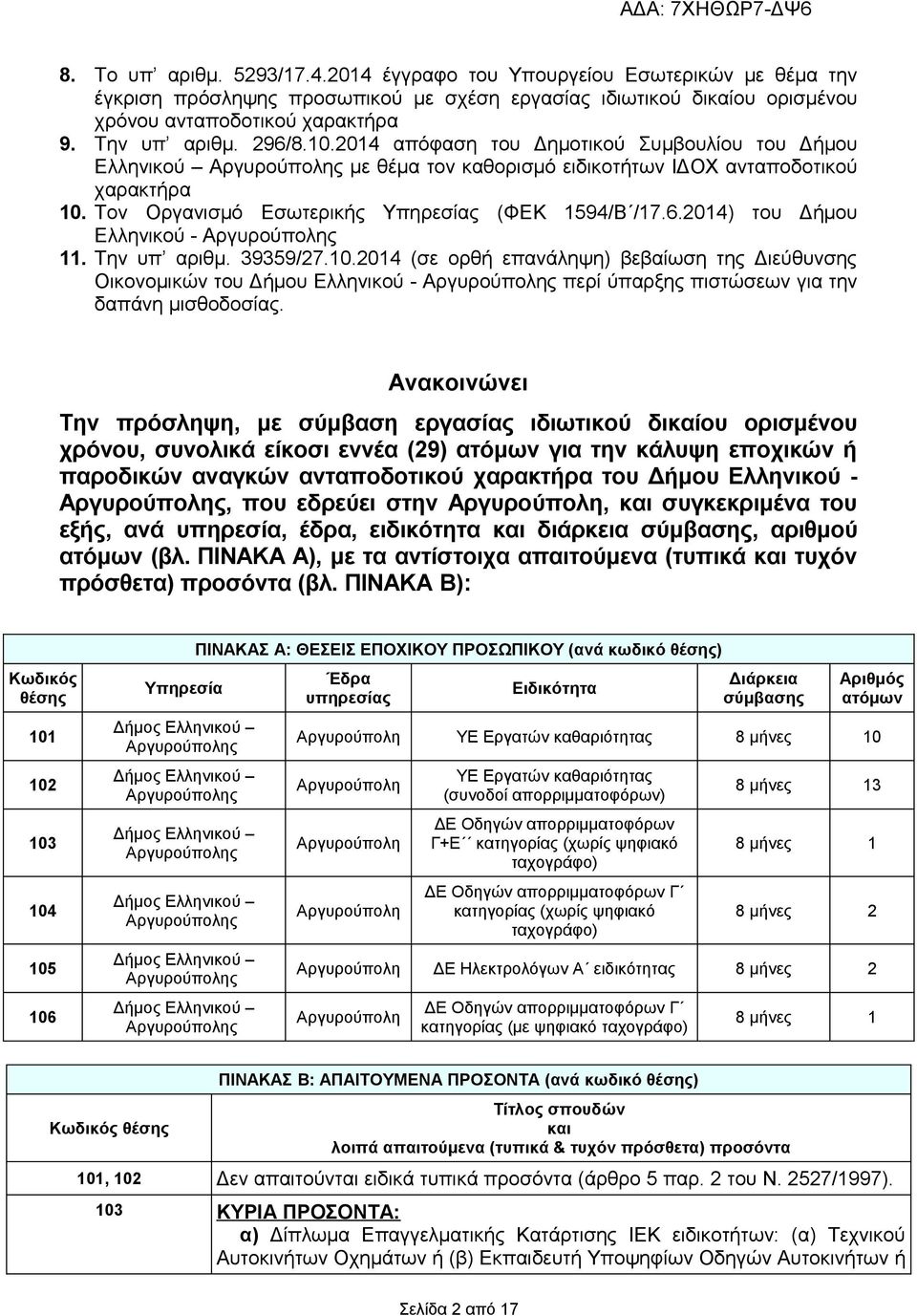 Την υπ αριθμ. 39359/27.10.2014 (σε ορθή επανάληψη) βεβαίωση της Διεύθυνσης Οικονομικών του Δήμου Ελληνικού - Αργυρούπολης περί ύπαρξης πιστώσεων για την δαπάνη μισθοδοσίας.