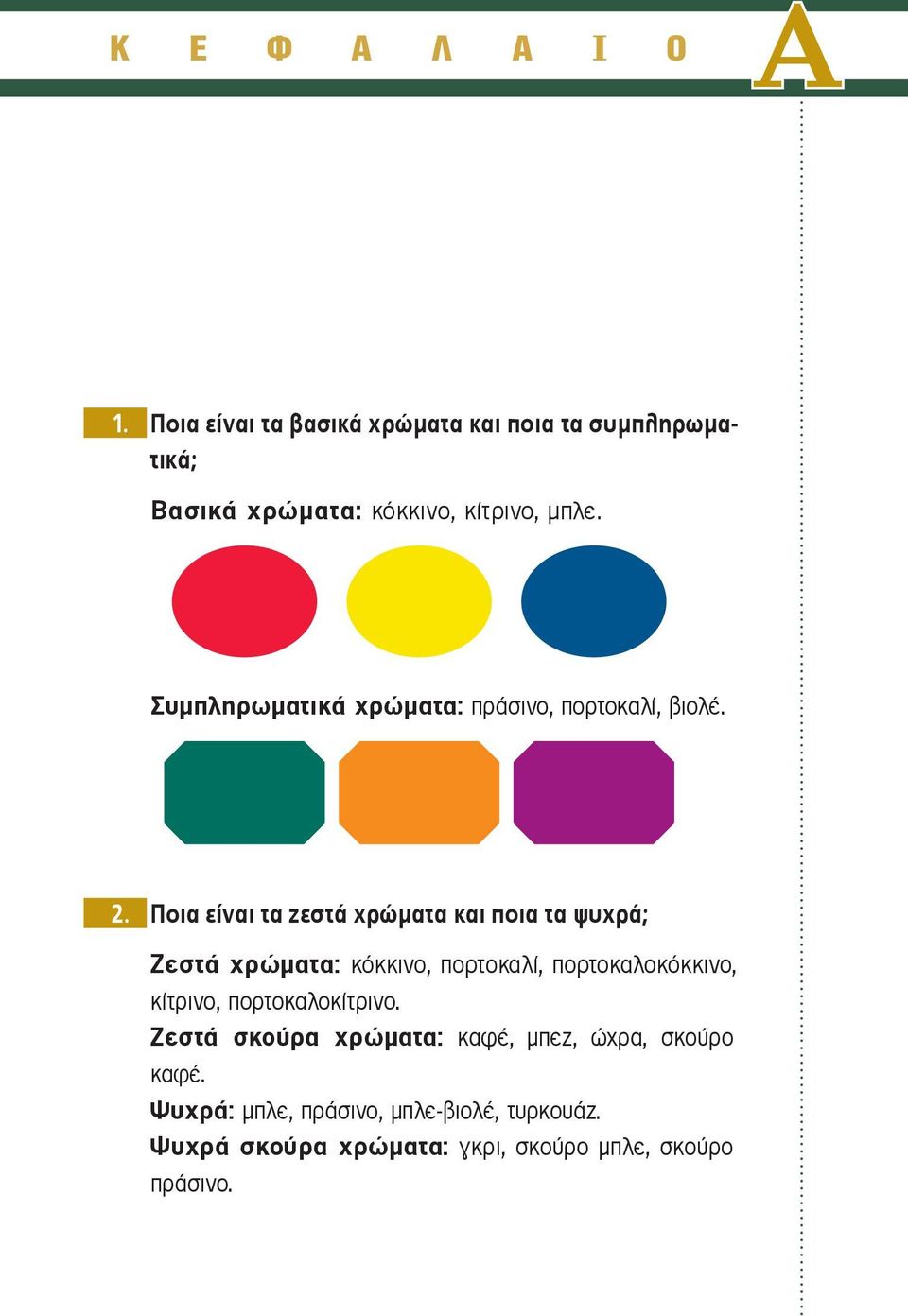 Συμπληρωματικά χρώματα: πράσινο, πορτοκαλί, βιολέ. 2.