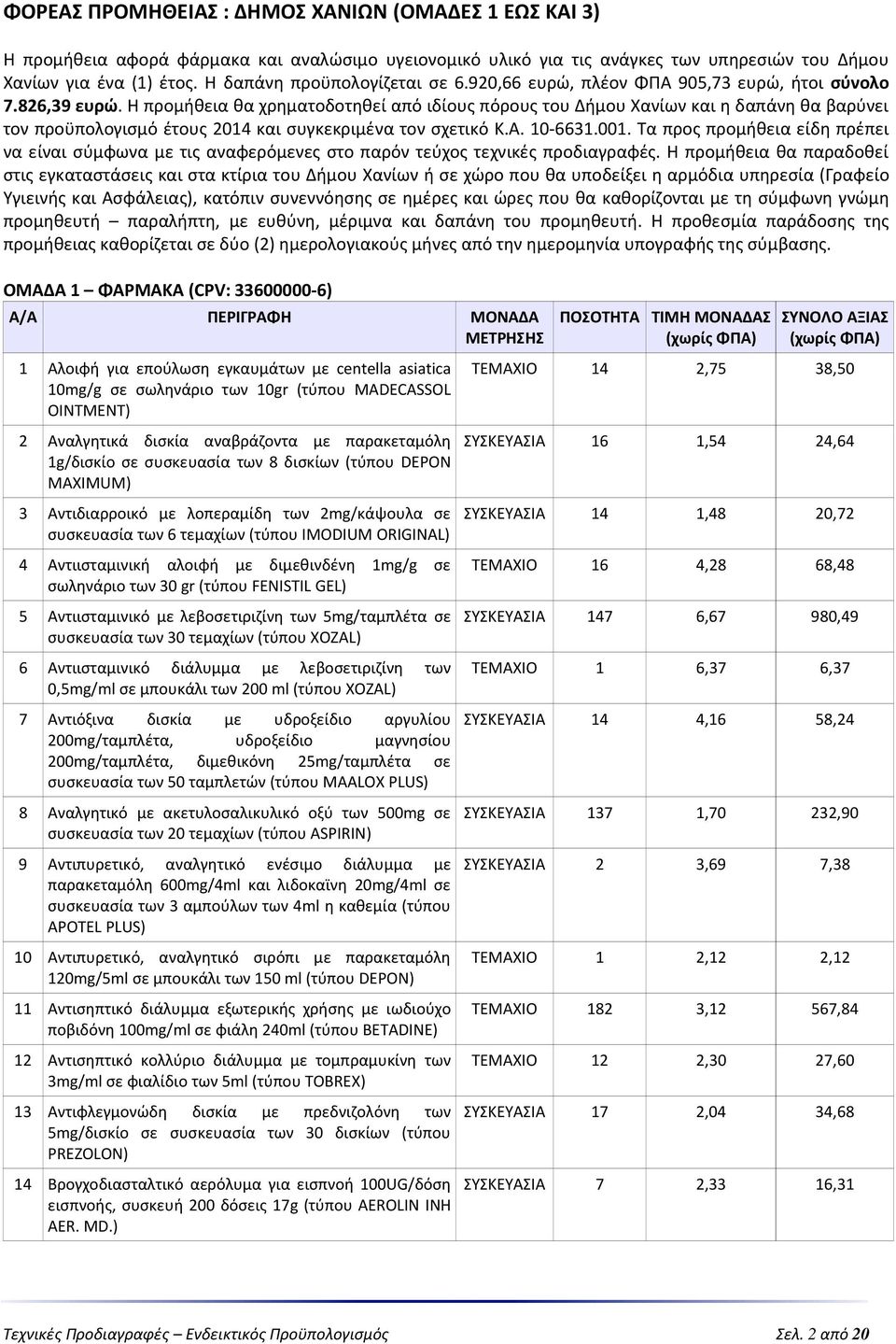 Η προμήθεια θα χρηματοδοτηθεί από ιδίους πόρους του Δήμου Χανίων και η δαπάνη θα βαρύνει τον προϋπολογισμό έτους 2014 και συγκεκριμένα τον σχετικό Κ.Α. 10-6631.001.