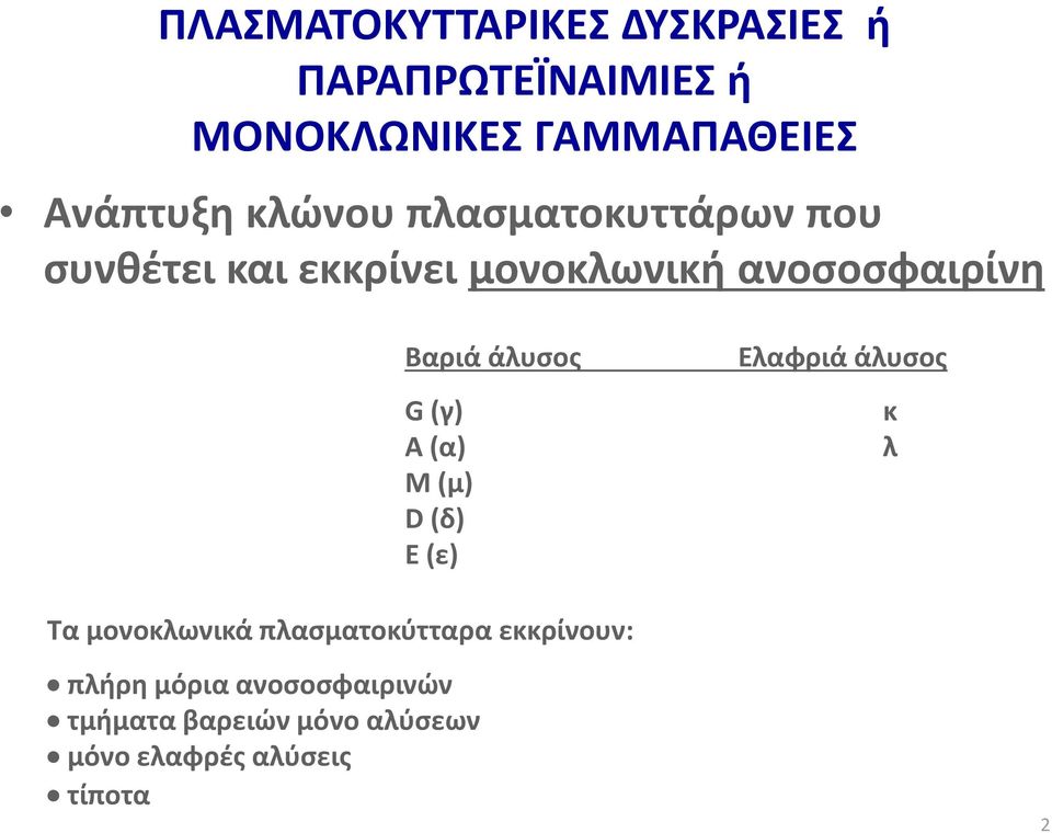 άλυσος G (γ) Α (α) Μ (μ) D (δ) Ε (ε) Ελαφριά άλυσος κ λ Τα μονοκλωνικά πλασματοκύτταρα