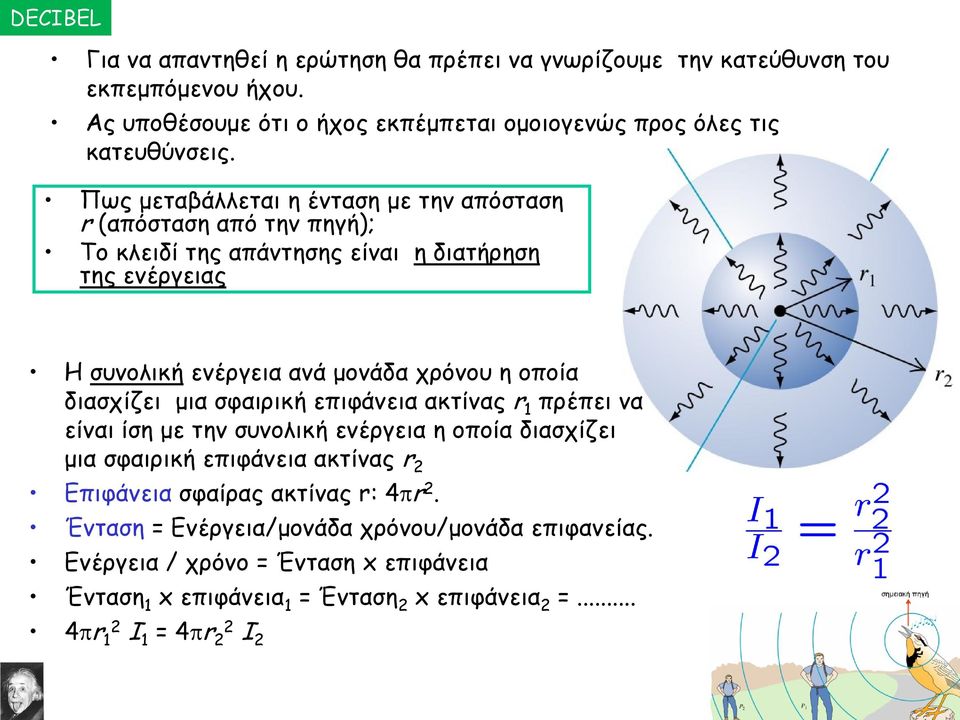 διασχίζει μια σφαιρική επιφάνεια ακτίνας r 1 πρέπει να είναι ίση με την συνολική ενέργεια η οποία διασχίζει μια σφαιρική επιφάνεια ακτίνας r 2 Επιφάνεια σφαίρας ακτίνας r: