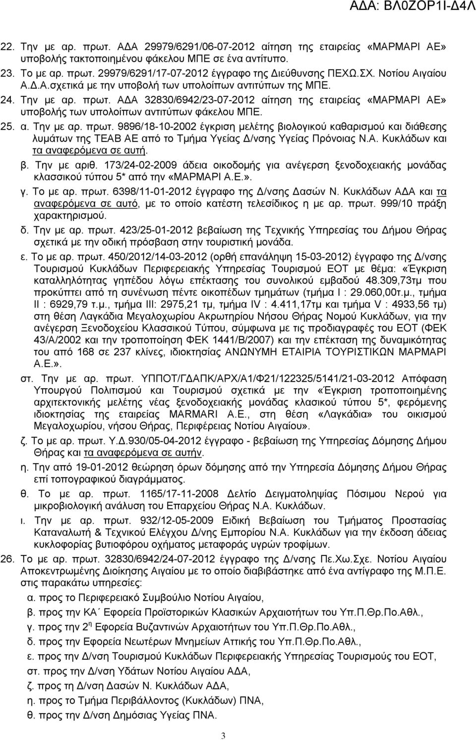 ΑΔΑ 32830/6942/23-07-2012 αίτηση της εταιρείας «ΜΑΡΜΑΡΙ ΑΕ» υποβολής των υπολοίπων αντιτύπων φάκελου ΜΠΕ. 25. α. Την με αρ. πρωτ.