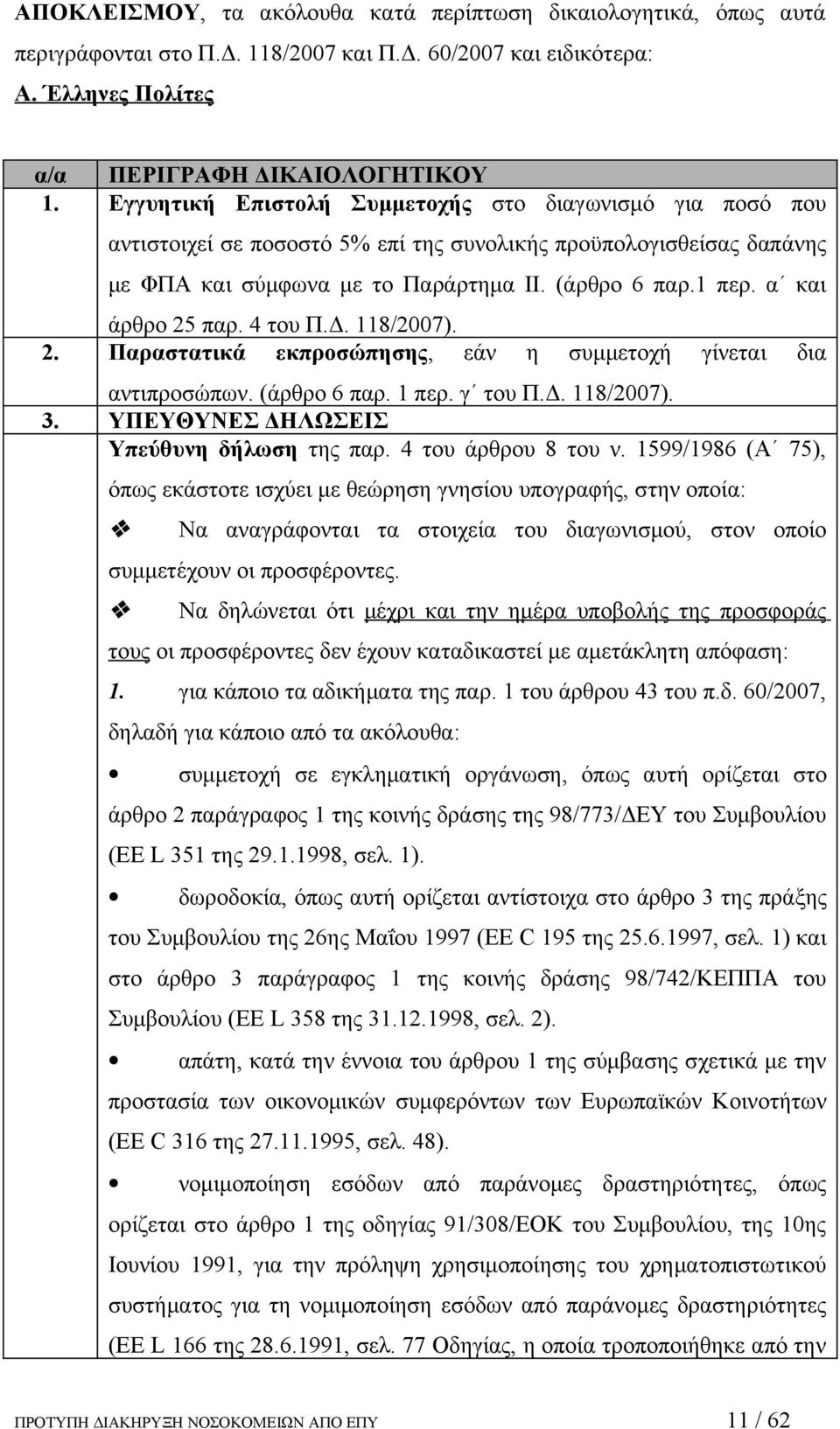 α και άρθρο 25 παρ. 4 του Π.Δ. 118/2007). 2. Παραστατικά εκπροσώπησης, εάν η συμμετοχή γίνεται δια αντιπροσώπων. (άρθρο 6 παρ. 1 περ. γ του Π.Δ. 118/2007). 3.