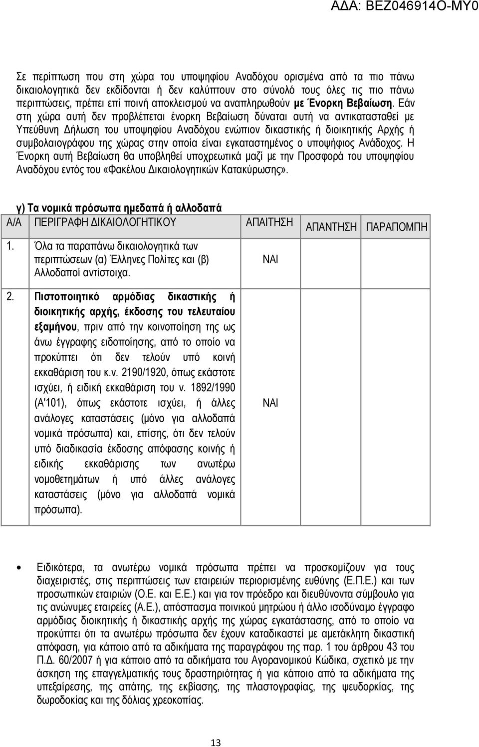 Εάν στη χώρα αυτή δεν προβλέπεται ένορκη Βεβαίωση δύναται αυτή να αντικατασταθεί με Υπεύθυνη Δήλωση του υποψηφίου Αναδόχου ενώπιον δικαστικής ή διοικητικής Αρχής ή συμβολαιογράφου της χώρας στην