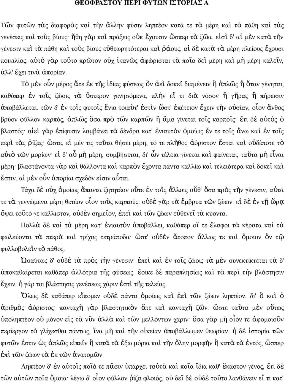 αὐτ ὸ γὰρ τοῦτο πρῶτο οὐχ ἱκαῶ ἀφώρισται τ ὰ ποῖα δε ῖ μέρη κα ὶ μ ὴ μέρη καλεῖ, ἀλλ' ἔχει τι ὰ ἀπορία.