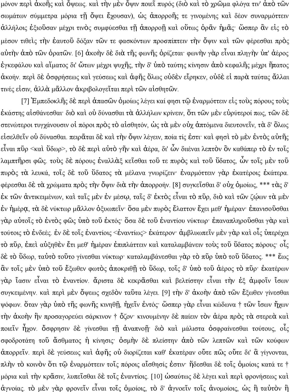 ὶ οὕτω ὁρᾶ ἡμᾶ ὥσπερ ἂ εἰ τὸ μέσο τιθεὶ τὴ ἑαυτο ῦ δόξα τῶ τε φασκότω προsπίπτει τὴ ὄψι κα ὶ τῶ φέρεσθαι πρὸ αὐτὴ ἀπ ὸ τῶ ὁρατῶ.