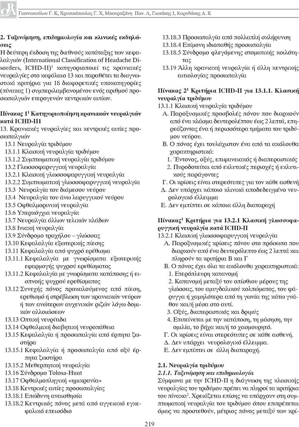 Πίνακας 1 1 Κατηγοριοποίηση κρανιακών νευραλγιών κατά ICHD-II1 13. Κρανιακές νευραλγίες και κεντρικές αιτίες προσωπαλγιών 13.1 Νευραλγία τριδύμου 13.1.1 Κλασική νευραλγία τριδύμου 13.1.2 Συμπτωματική νευραλγία τριδύμου 13.