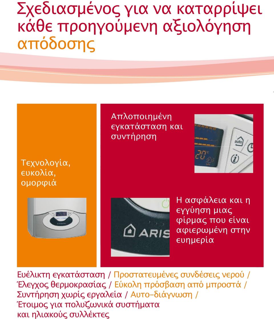 ευημερία Ευέλικτη εγκατάσταση / Προστατευμένες συνδέσεις νερού / Έλεγχος θερμοκρασίας / Εύκολη πρόσβαση