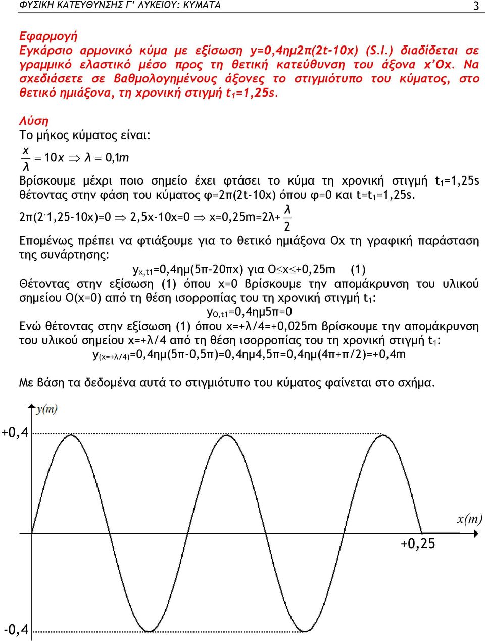 Λύση Το μήκος κύματος είναι: χ 0χ 0, m Βρίσκουμε μέχρι οιο σημείο έχει φτάσει το κύμα τη χρονική στιγμή =,5s θέτοντας στην φάση του κύματος φ=(-0x) όου φ=0 και = =,5s. (.