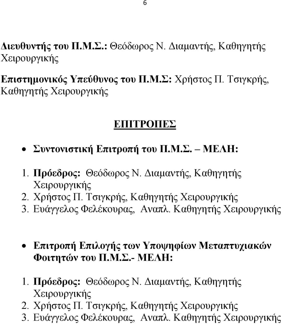 Χρήστος Π. Τσιγκρής, Καθηγητής Χειρουργικής 3. Ευάγγελος Φελέκουρας, Αναπλ.