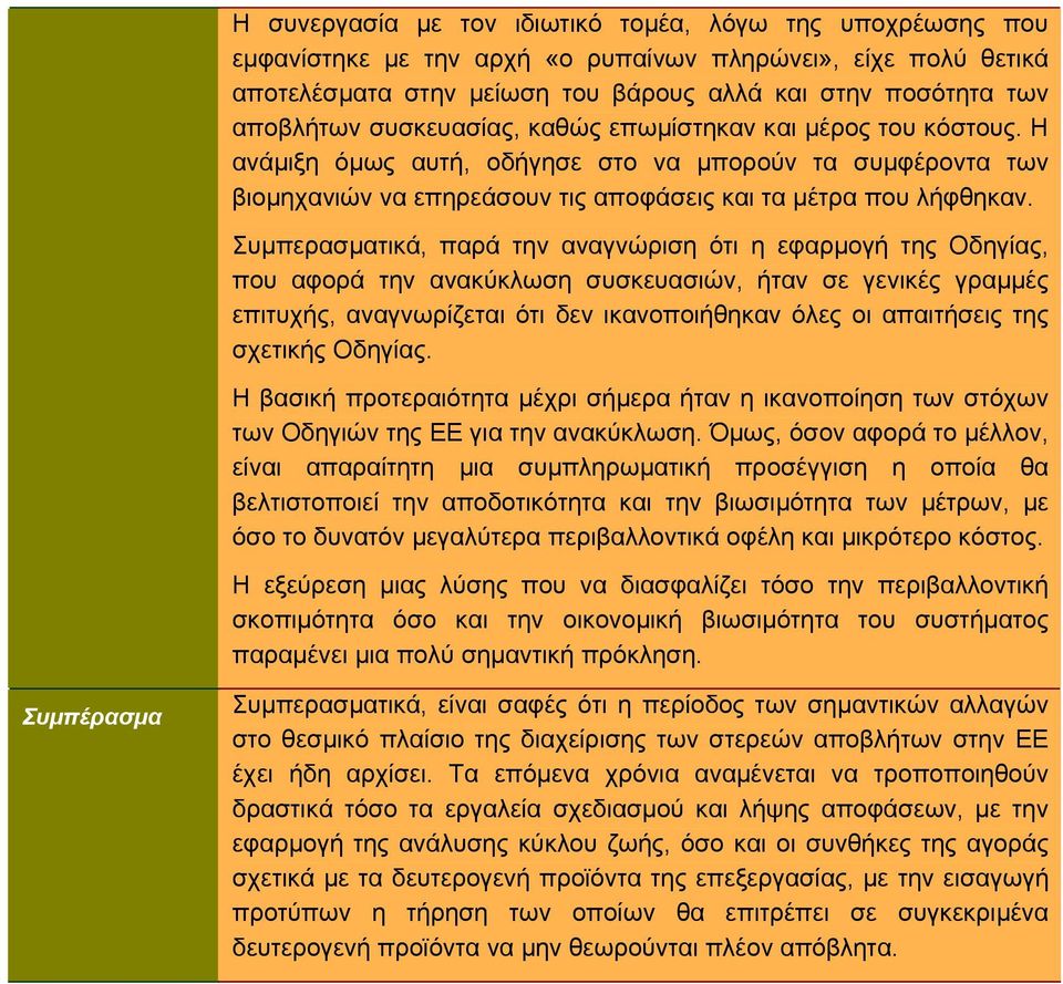 Συμπερασματικά, παρά την αναγνώριση ότι η εφαρμογή της Οδηγίας, που αφορά την ανακύκλωση συσκευασιών, ήταν σε γενικές γραμμές επιτυχής, αναγνωρίζεται ότι δεν ικανοποιήθηκαν όλες οι απαιτήσεις της