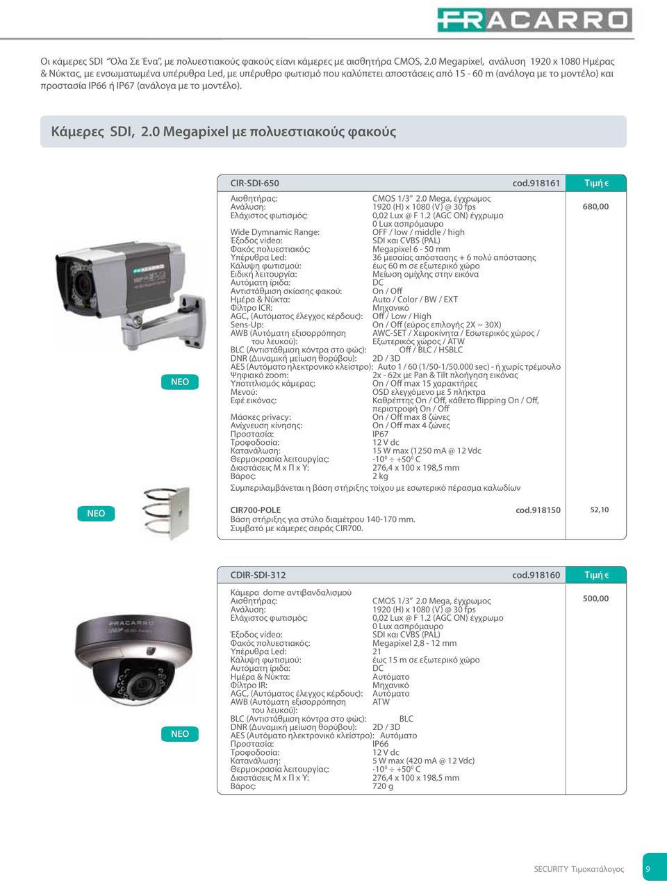 το μοντέλο). Κάμερες SDI, 2.0 Megapixel με πολυεστιακούς φακούς CIR-SDI-650 cod.918161 Αισθητήρας: CMOS 1/3 2.0 Mega, έγχρωμος Ανάλυση: 1920 (Η) x 1080 (V) @ 30 fps Ελάχιστος φωτισμός: 0,02 Lux @ F 1.