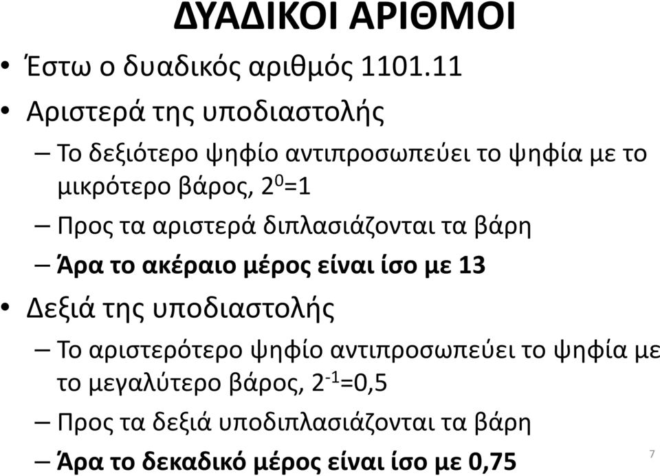 Προς τα αριστερά διπλασιάζονται τα βάρη Άρα το ακέραιο μέρος είναι ίσο με 13 Δεξιά της υποδιαστολής