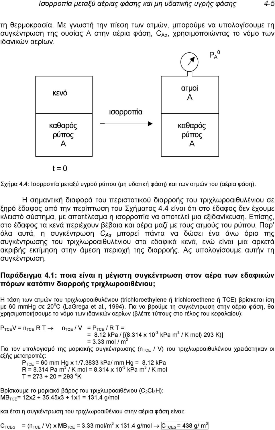 P A 0 κενό καθαρός ρύπος Α ισορροπία ατμοί Α καθαρός ρύπος Α t = 0 Σχήμα 4.4: Ισορροπία μεταξύ υγρού ρύπου (μη υδατική φάση) και των ατμών του (αέρια φάση).