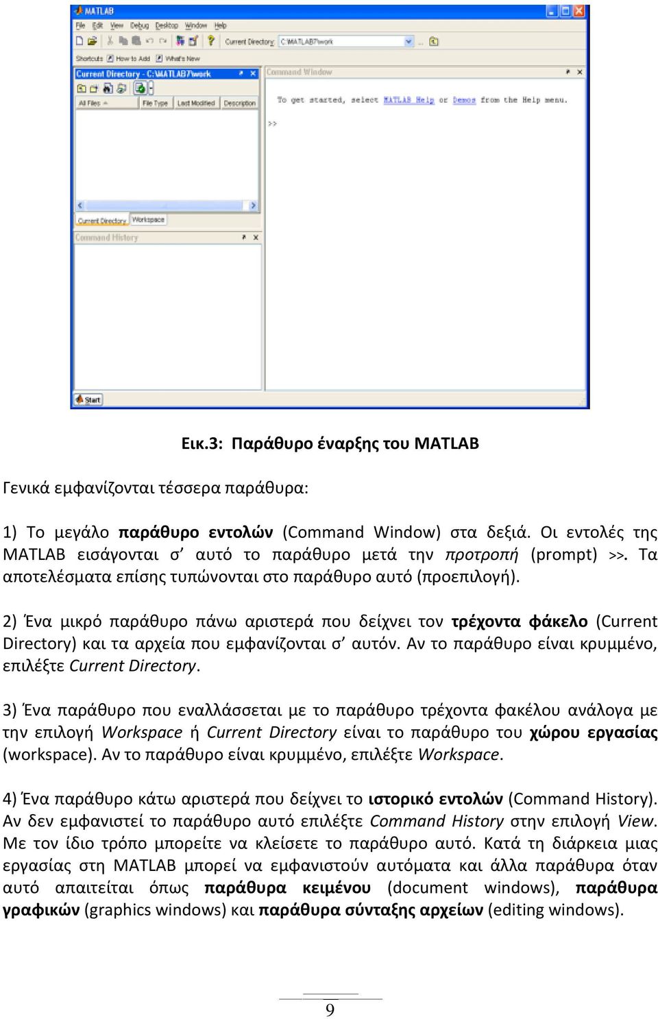 2) Ένα μικρό παράθυρο πάνω αριστερά που δείχνει τον τρέχοντα φάκελο (Current Directory) και τα αρχεία που εμφανίζονται σ αυτόν. Αν το παράθυρο είναι κρυμμένο, επιλέξτε Current Directory.