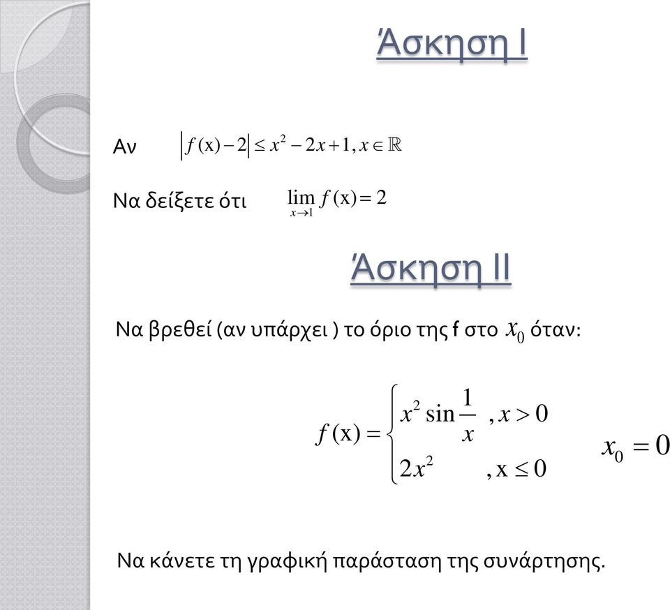 της f στο x 0 όταν: f (x) 2 1 x sin, x> 0 = x 2 2 x,x