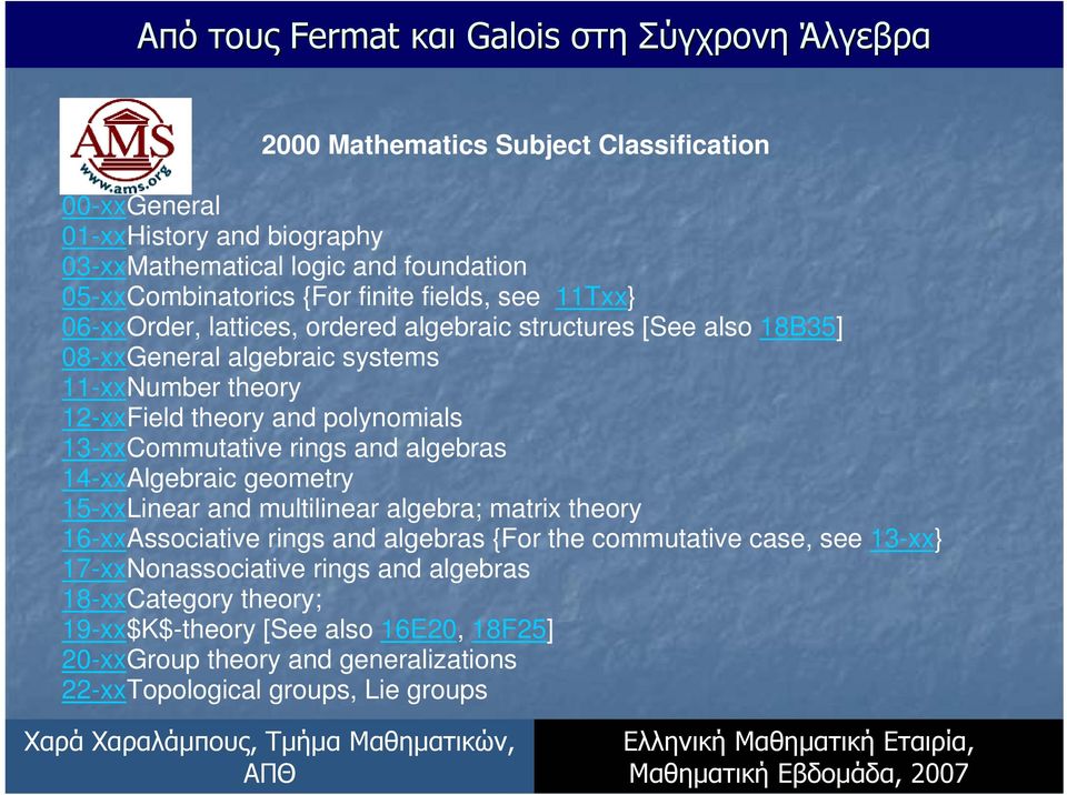 rings and algebras 14-xxAlgebraic geometry 15-xxLinear and multilinear algebra; matrix theory 16-xxAssociative rings and algebras {For the commutative case, see 13-xx}