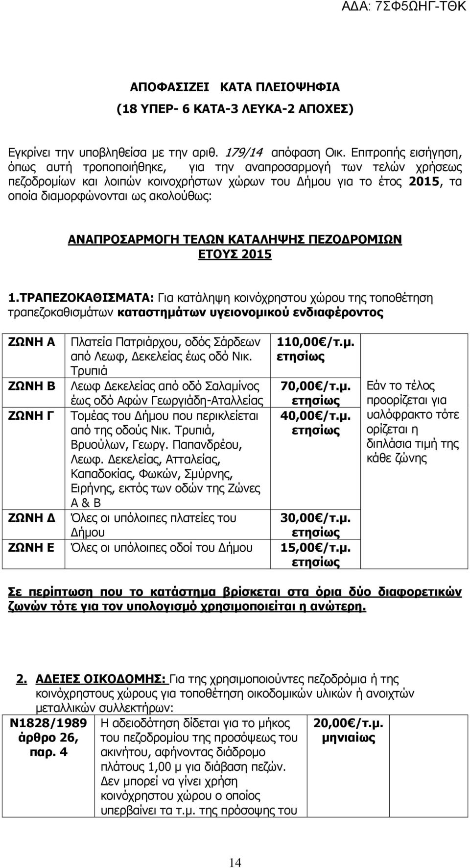 ΑΝΑΠΡΟΣΑΡΜΟΓΗ ΤΕΛΩΝ ΚΑΤΑΛΗΨΗΣ ΠΕΖΟΔΡΟΜΙΩΝ ΕΤΟΥΣ 2015 1.