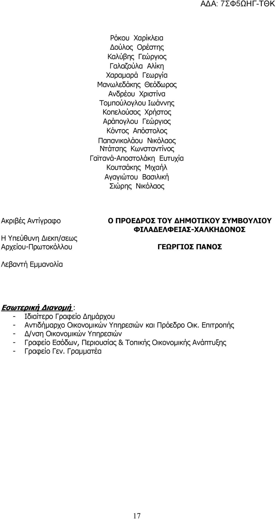 Υπεύθυνη Διεκπ/σεως Αρχείου-Πρωτοκόλλου Ο ΠΡΟΕΔΡΟΣ ΤΟΥ ΔΗΜΟΤΙΚΟΥ ΣΥΜΒΟΥΛΙΟΥ ΦΙΛΑΔΕΛΦΕΙΑΣ-ΧΑΛΚΗΔΟΝΟΣ ΓΕΩΡΓΙΟΣ ΠΑΝΟΣ Λεβαντή Εμμανολία Εσωτερική Διανομή : - Ιδιαίτερο Γραφείο