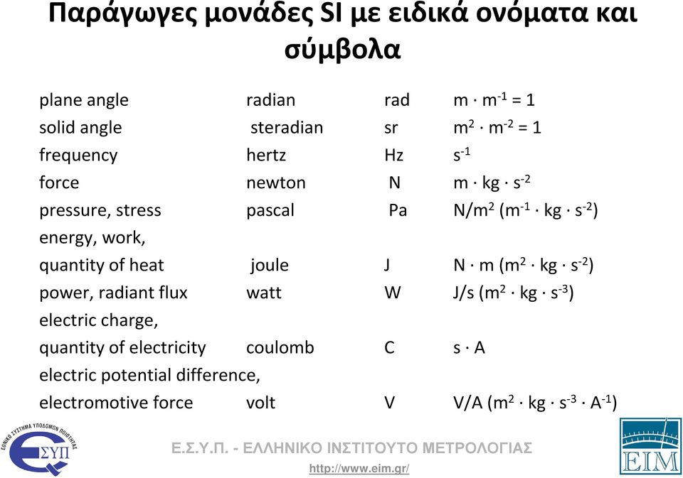 work, quantity of heat joule J N m (m 2 kg s -2 ) power, radiant flux watt W J/s (m 2 kg s -3 ) electric charge,