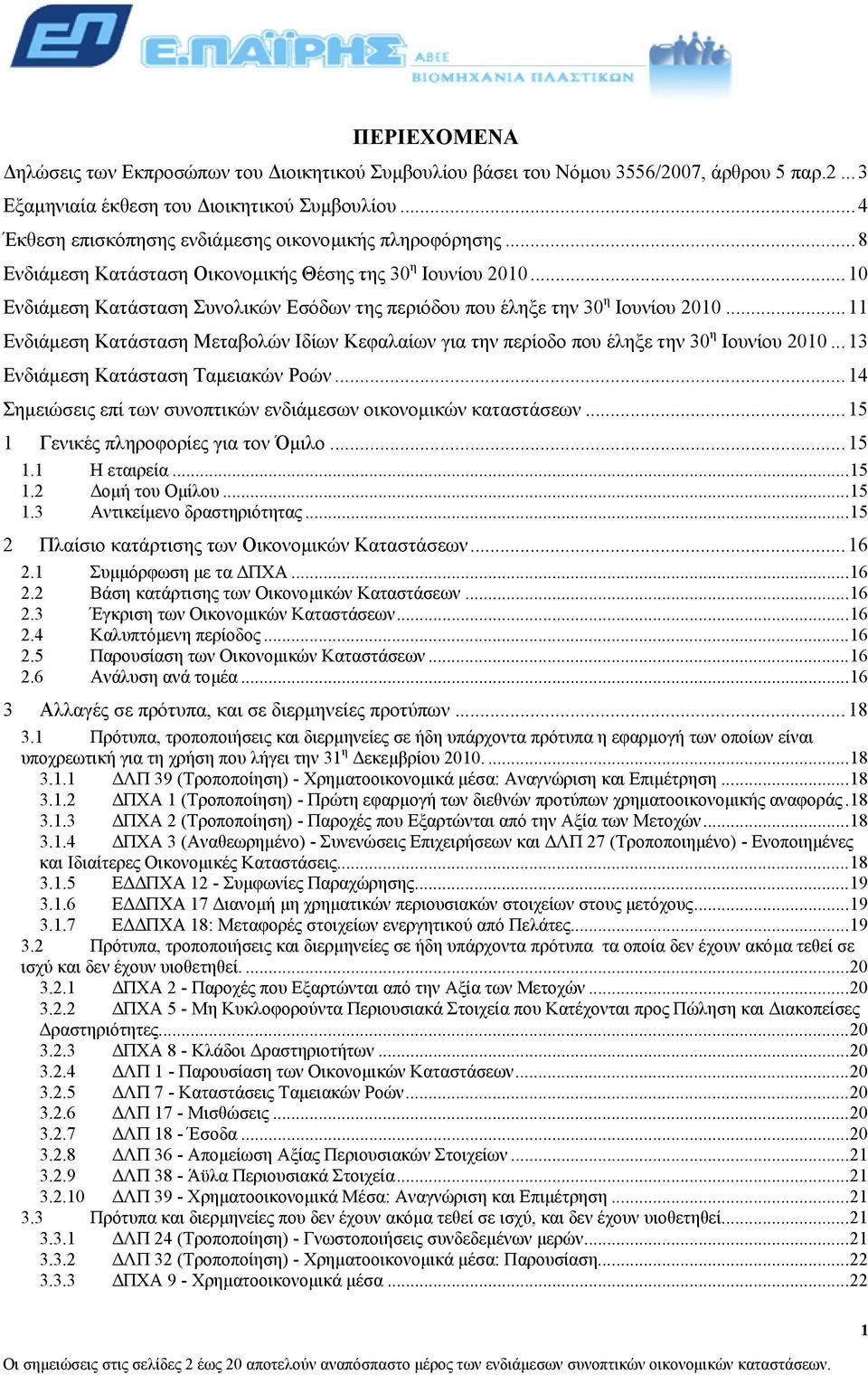 ..10 Ενδιάµεση Κατάσταση Συνολικών Εσόδων της περιόδου που έληξε την 30 η Ιουνίου 2010...11 Ενδιάµεση Κατάσταση Μεταβολών Ιδίων Κεφαλαίων για την περίοδο που έληξε την 30 η Ιουνίου 2010.