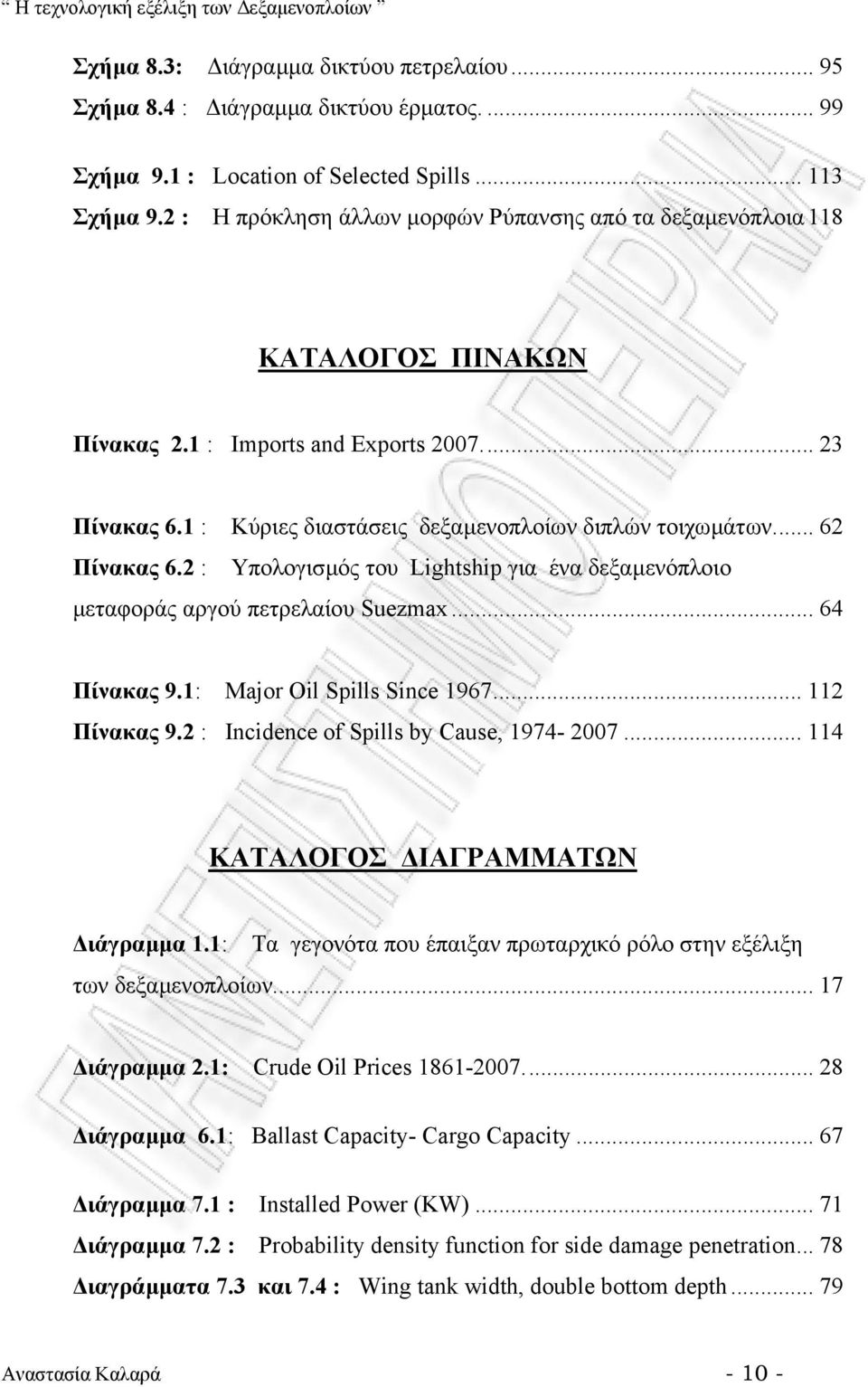 .. 62 Πίνακας 6.2 : Υπολογισµός του Lightship για ένα δεξαµενόπλοιο µεταφοράς αργού πετρελαίου Suezmax... 64 Πίνακας 9.1: Major Oil Spills Since 1967... 112 Πίνακας 9.