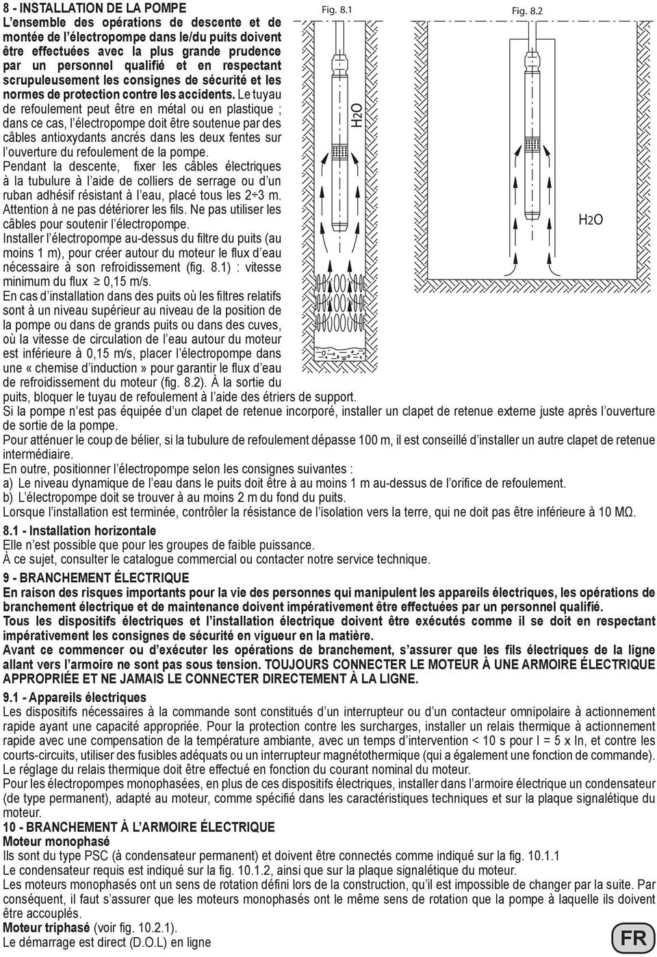Le tuyau de refoulement peut être en métal ou en plastique ; dans ce cas, l électropompe doit être soutenue par des câbles antioxydants ancrés dans les deux fentes sur l ouverture du refoulement de