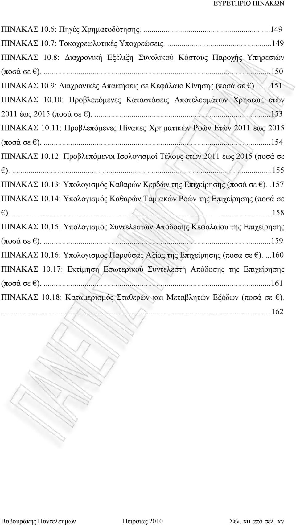 11: Προβλεπόμενες Πίνακες Χρηματικών Ροών Ετών 2011 έως 2015 (ποσά σε )....154 ΠΙΝΑΚΑΣ 10.12: Προβλεπόμενοι Ισολογισμοί Τέλους ετών 2011 έως 2015 (ποσά σε )....155 ΠΙΝΑΚΑΣ 10.