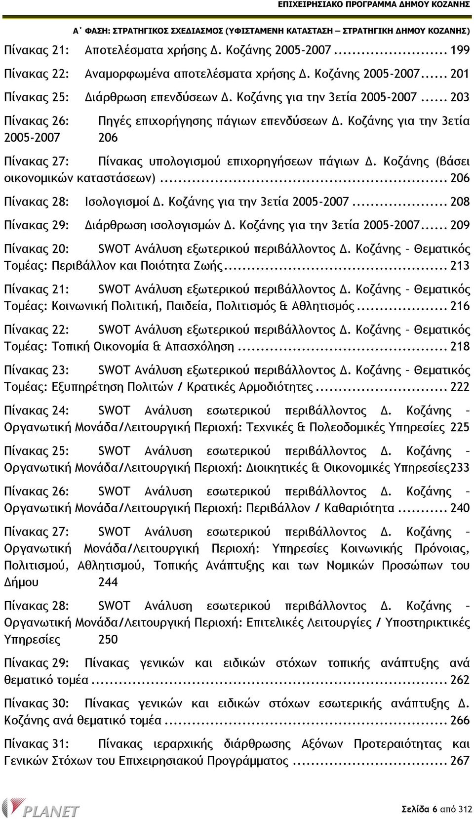 Κοζάνης (βάσει οικονομικών καταστάσεων)... 206 Πίνακας 28: Ισολογισμοί Δ. Κοζάνης για την 3ετία 2005-2007... 208 Πίνακας 29: Διάρθρωση ισολογισμών Δ. Κοζάνης για την 3ετία 2005-2007... 209 Πίνακας 20: SWOT Ανάλυση εξωτερικού περιβάλλοντος Δ.